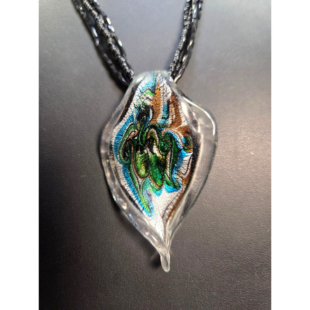 Handcrafted Glass Pendant Necklace Black Beaded 4 Strand Multicolor Abstract