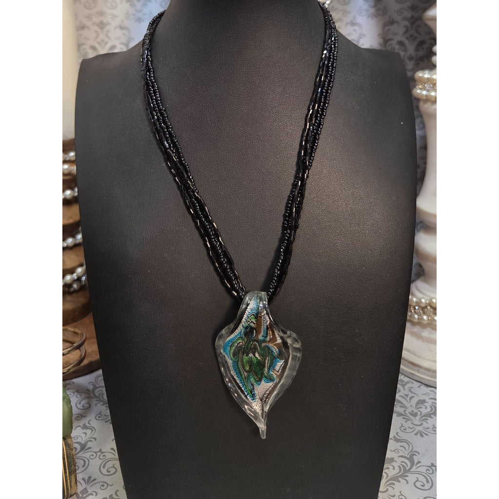 Handcrafted Glass Pendant Necklace Black Beaded 4 Strand Multicolor Abstract