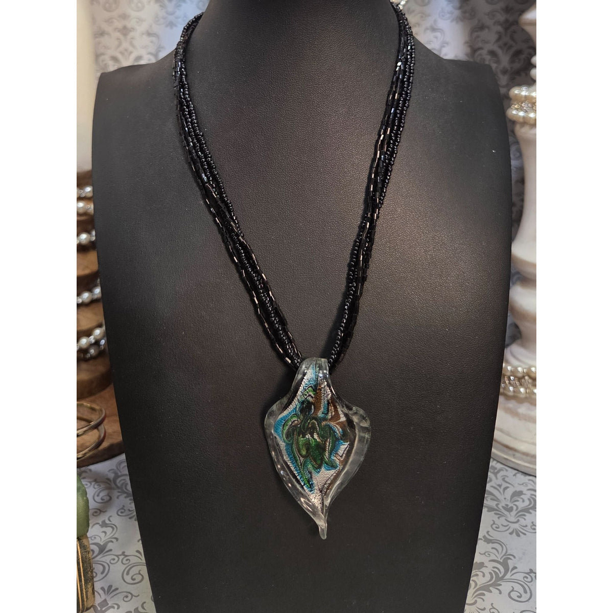 Handcrafted Glass Pendant Necklace Black Beaded 4 Strand Multicolor Abstract
