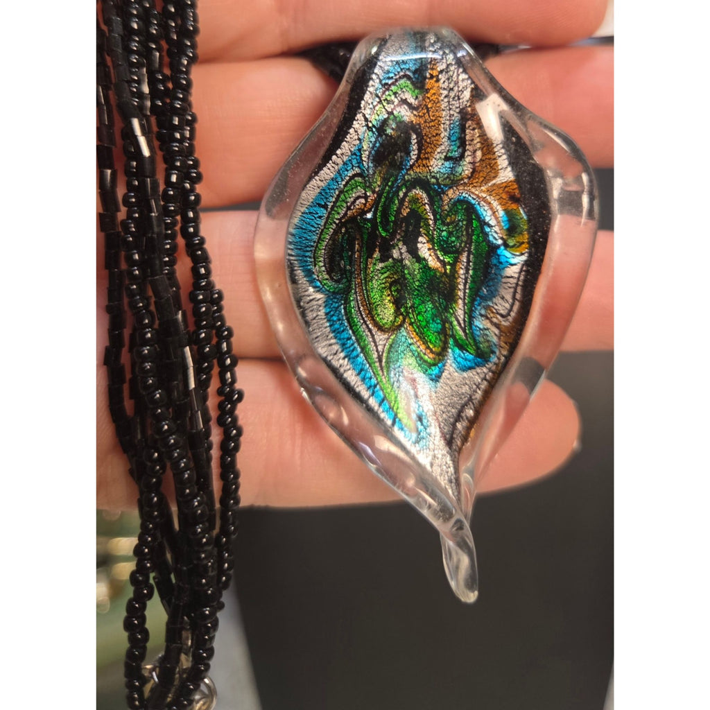 Handcrafted Glass Pendant Necklace Black Beaded 4 Strand Multicolor Abstract