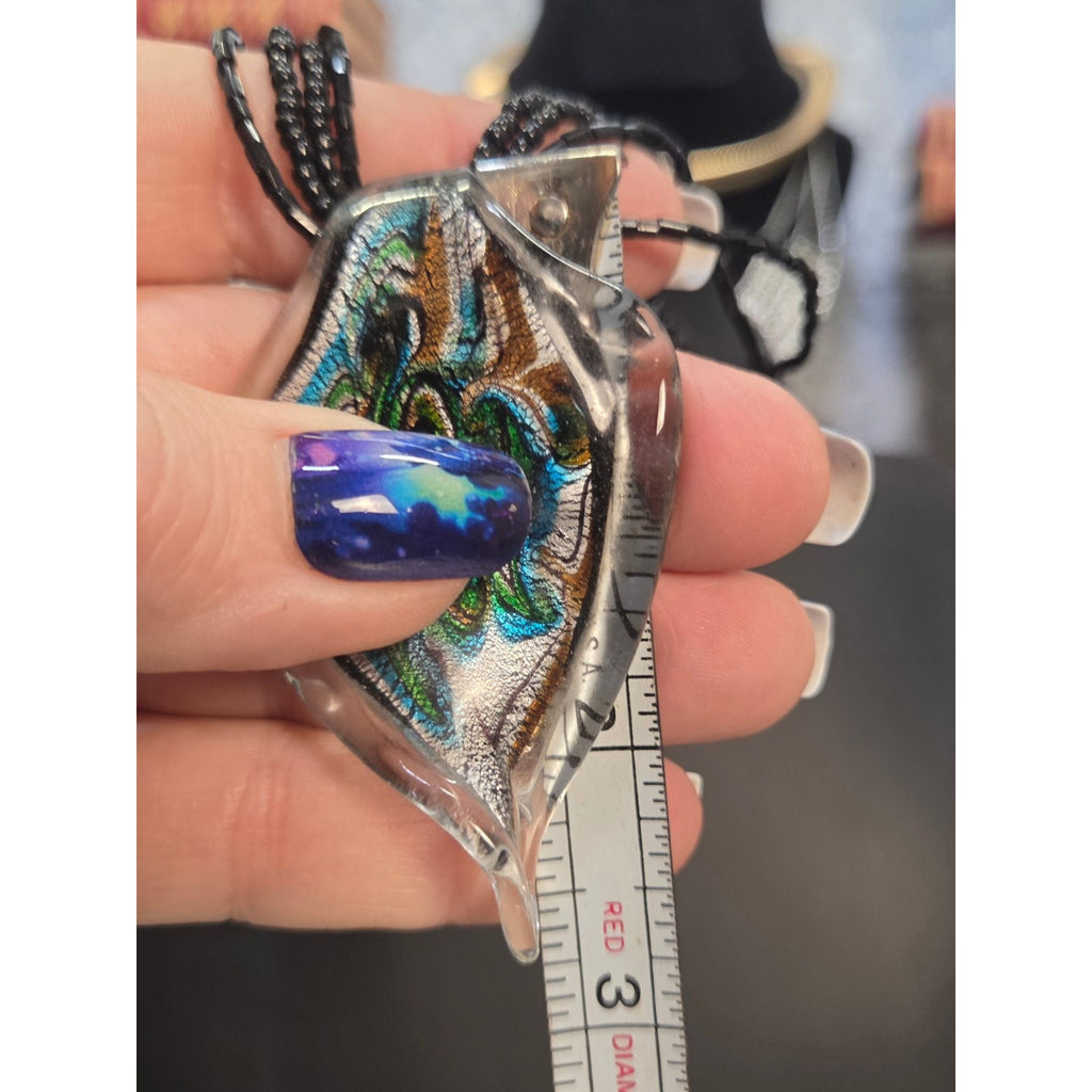 Handcrafted Glass Pendant Necklace Black Beaded 4 Strand Multicolor Abstract