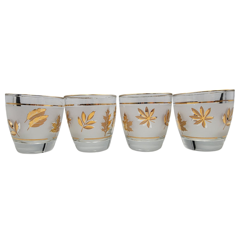 Vintage Libbey Frosted Cocktail Old Fashioned Gold Leaf Foliage Glasses Set of 4