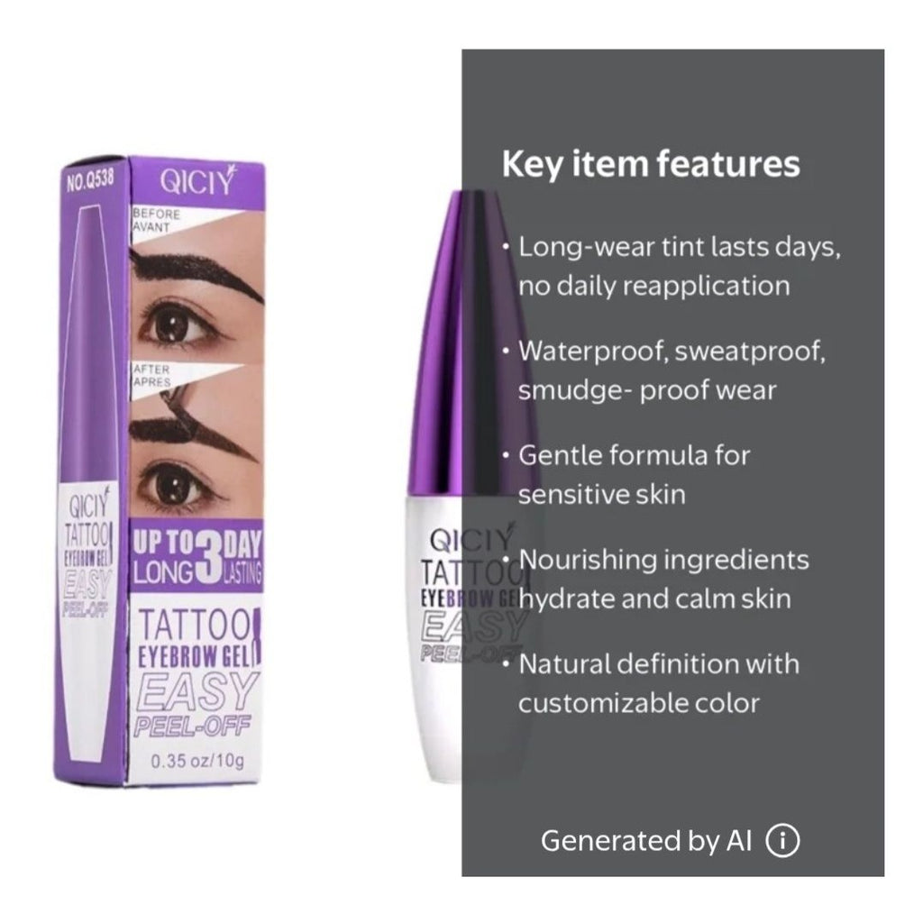 QICIY Tattoo Eyebrow Gel Brown Easy Peel-Off Long-Lasting Waterproof Tint 0.35 Oz
