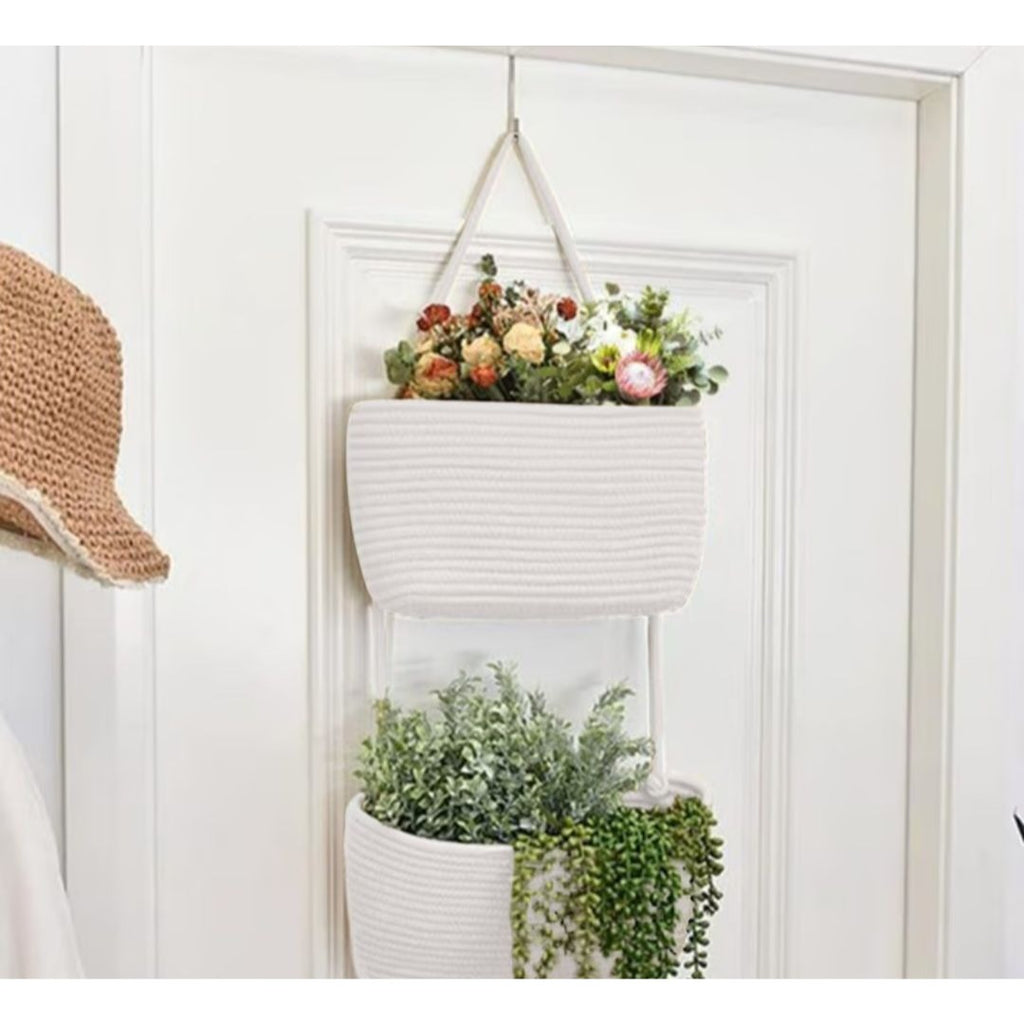 Hanging Cotton Rope Basket Set For Storage Or Display White 3-Tier Design