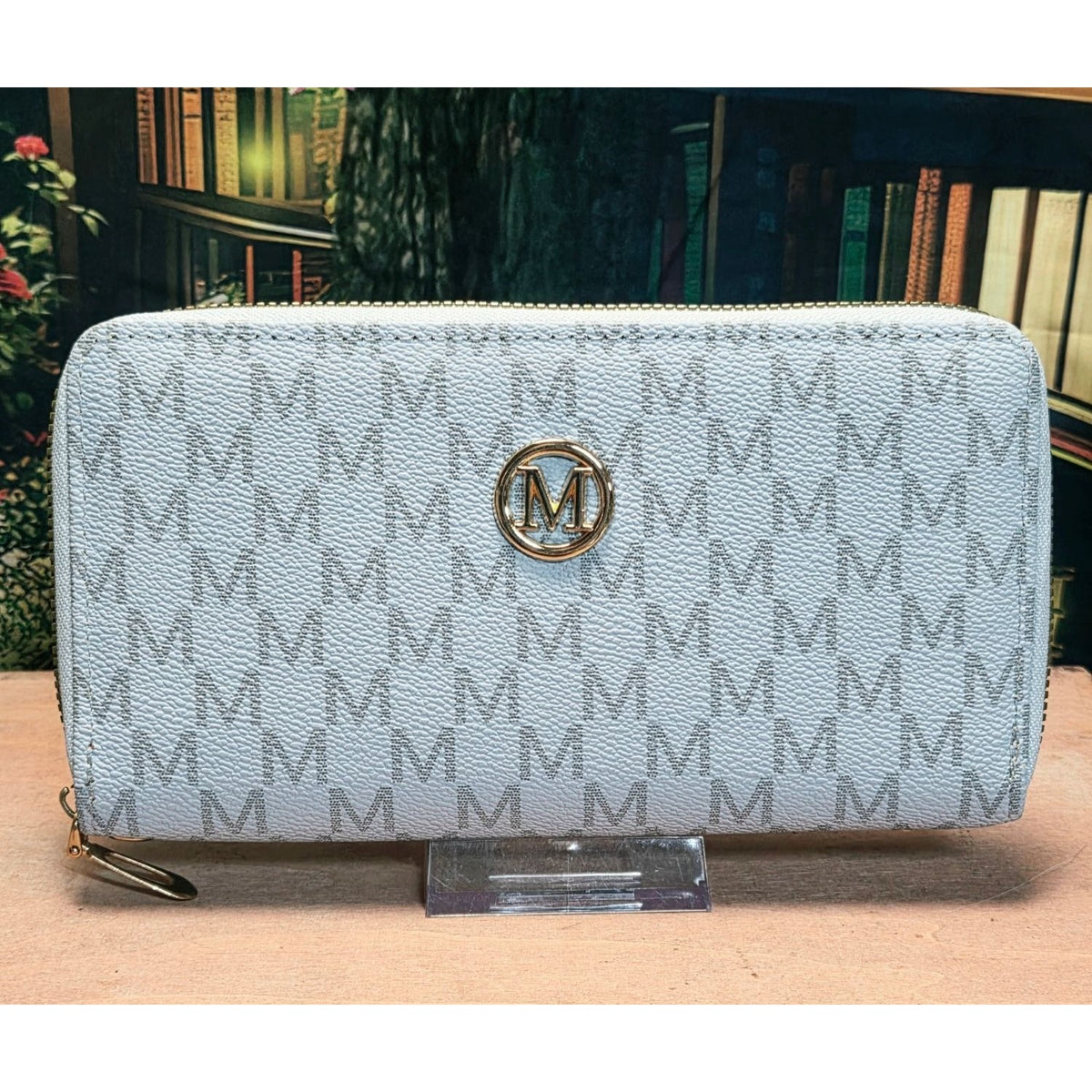 Zip-Around Wallet Monogrammed Design Blue Gray Card Slots Strap Inclded NEW