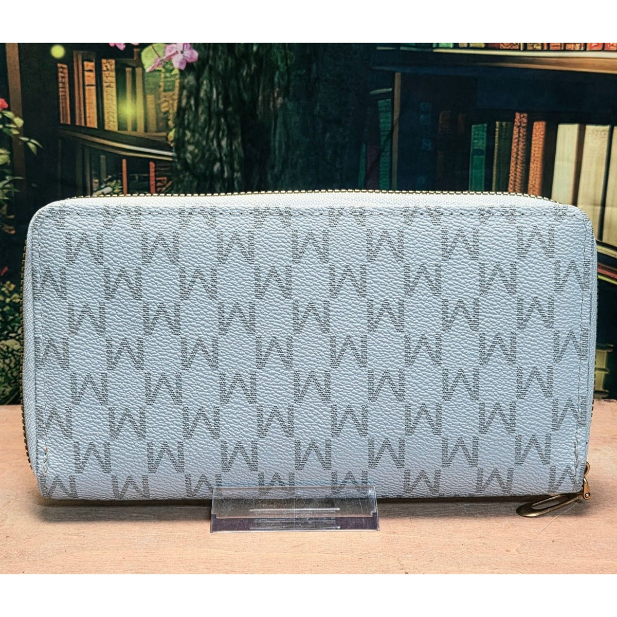 Zip-Around Wallet Monogrammed Design Blue Gray Card Slots Strap Inclded NEW