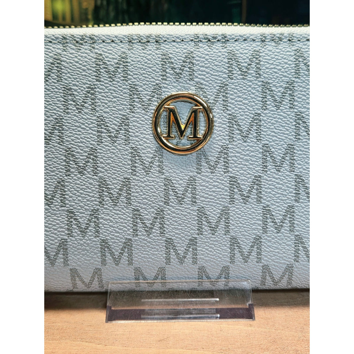 Zip-Around Wallet Monogrammed Design Blue Gray Card Slots Strap Inclded NEW