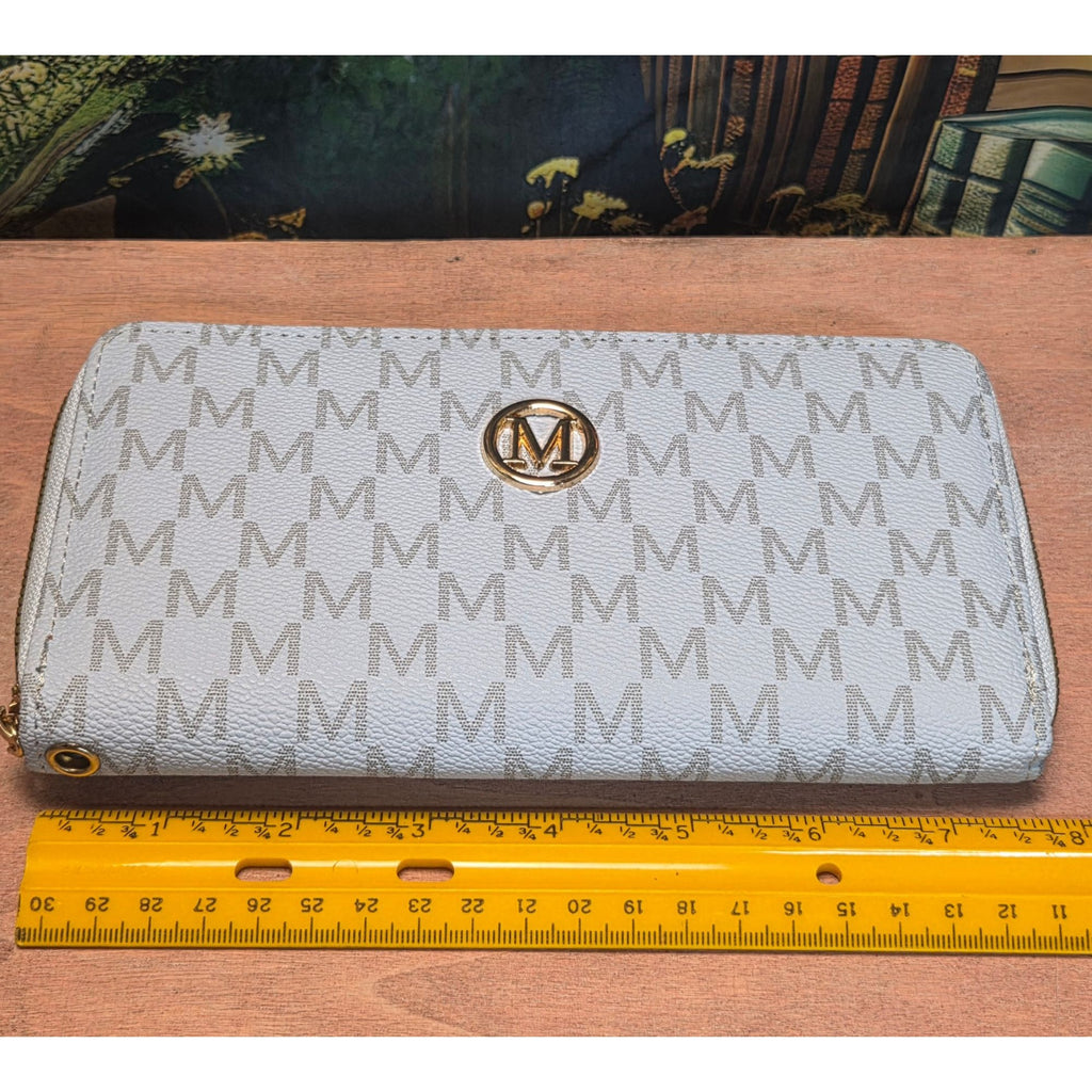 Zip-Around Wallet Monogrammed Design Blue Gray Card Slots Strap Inclded NEW