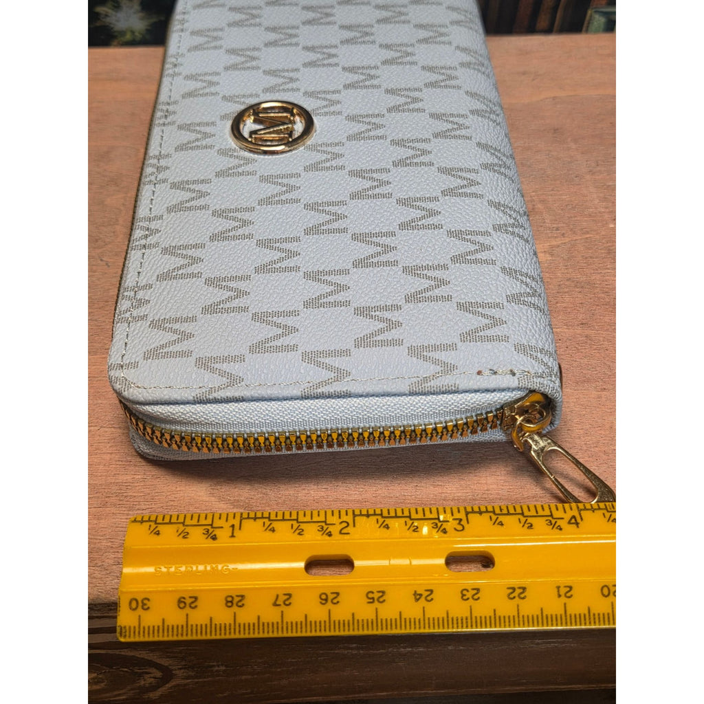Zip-Around Wallet Monogrammed Design Blue Gray Card Slots Strap Inclded NEW
