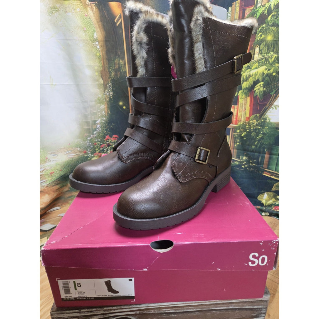 Womens Boots Kohls SO Grass Size 8 Wrap Zipper Faux Fur Memory Foam Buckles NIB