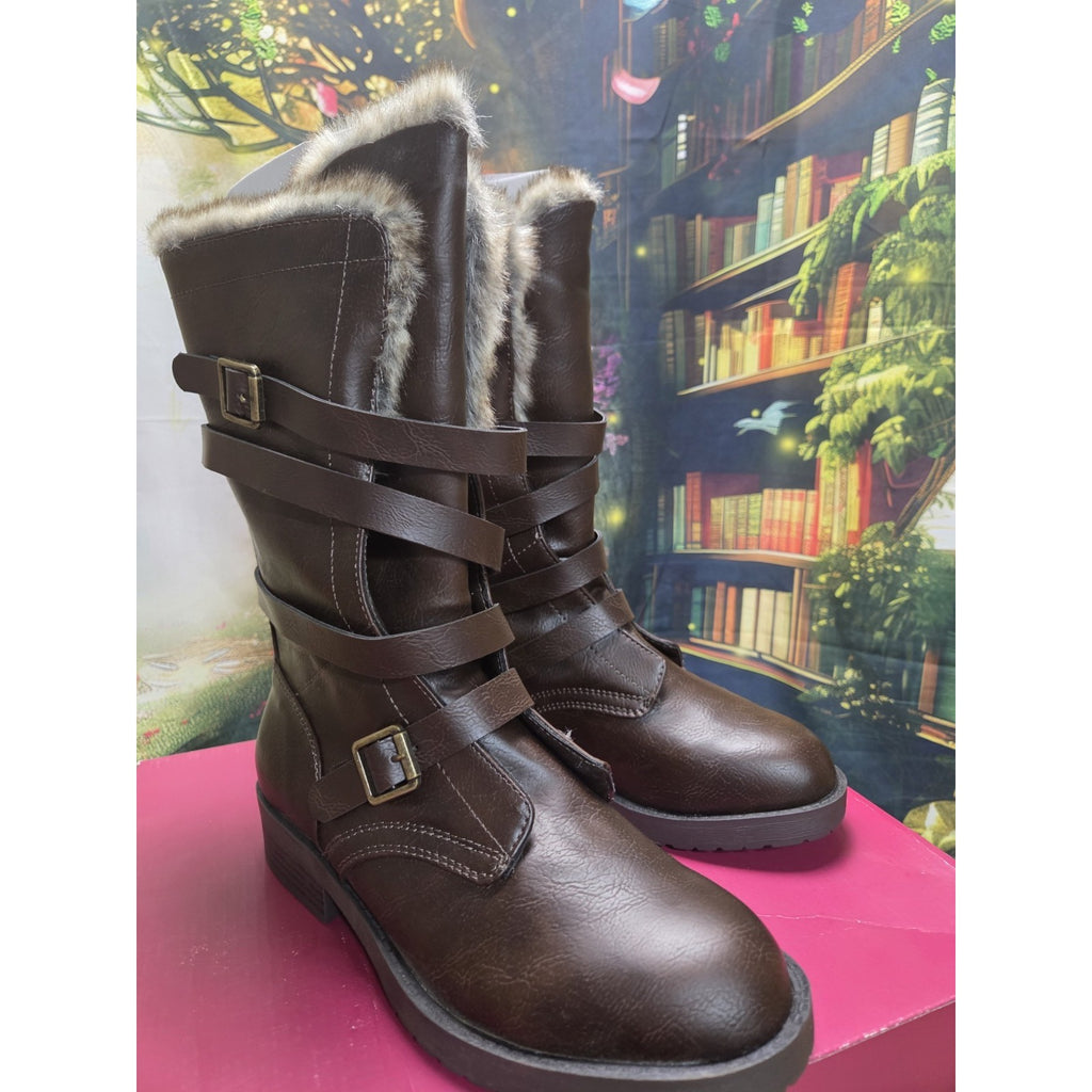 Womens Boots Kohls SO Grass Size 8 Wrap Zipper Faux Fur Memory Foam Buckles NIB