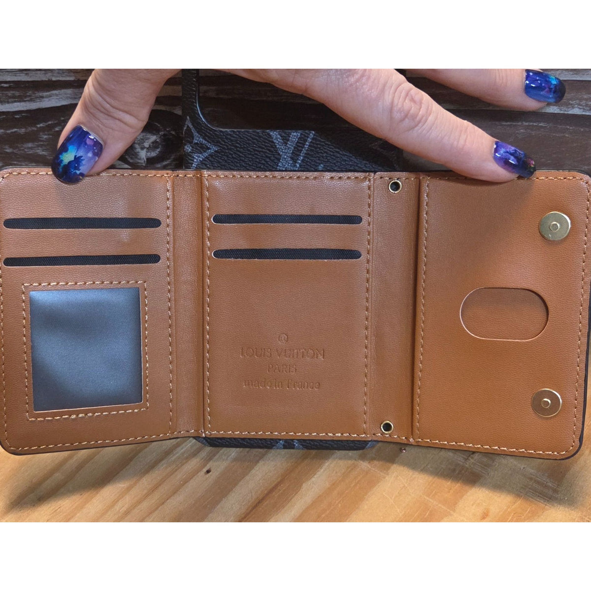 LV Monogram Multi-Function Wallet & Phone Case Black/Gold With Strap 12 Pro Max