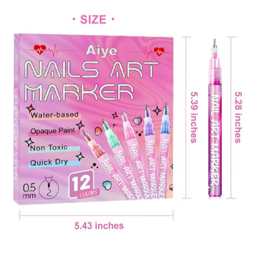 Aiye Nails Art Marker 12 Colors Water-Based Nail Polish Pens 0.5mm Tip Opaque
