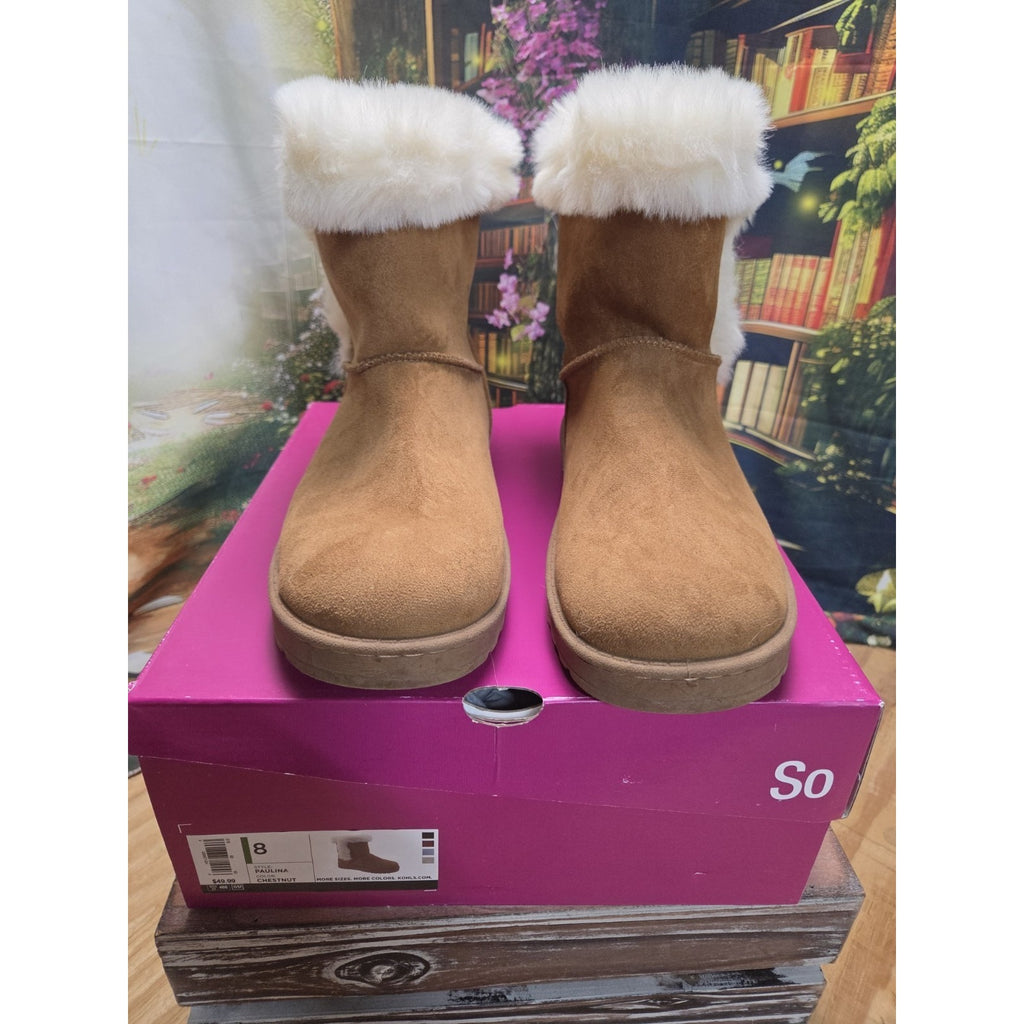 Womens Boots Slip On Sz 8 Paulina SO Kohls Chestnut/Tan Faux Fur Lined With Box