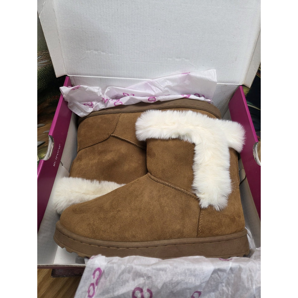 Womens Boots Slip On Sz 8 Paulina SO Kohls Chestnut/Tan Faux Fur Lined With Box
