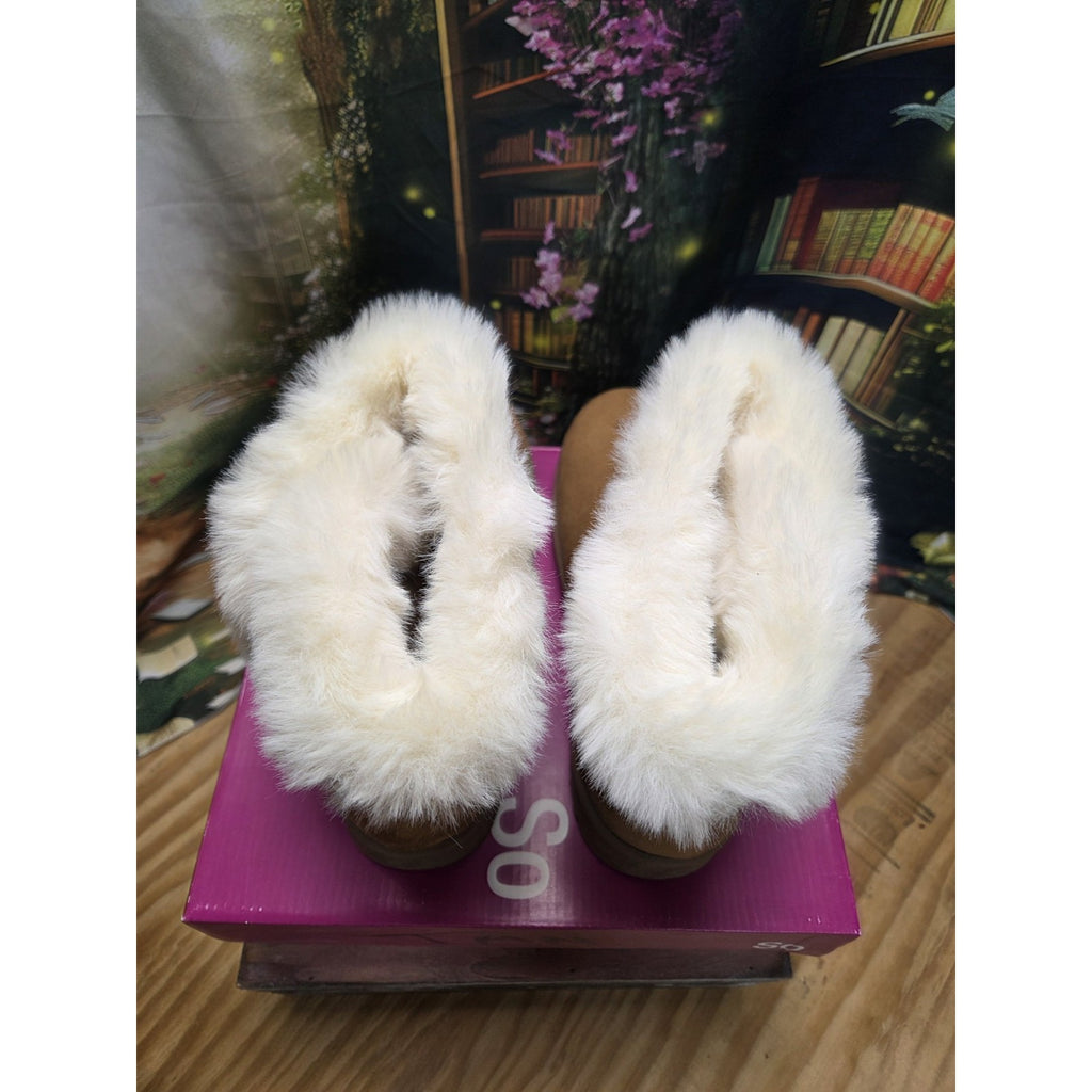 Womens Boots Slip On Sz 8 Paulina SO Kohls Chestnut/Tan Faux Fur Lined With Box