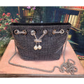 Black Silver Stud Bucket Bag Pearl Charm Draw Chain & Chain Strap New