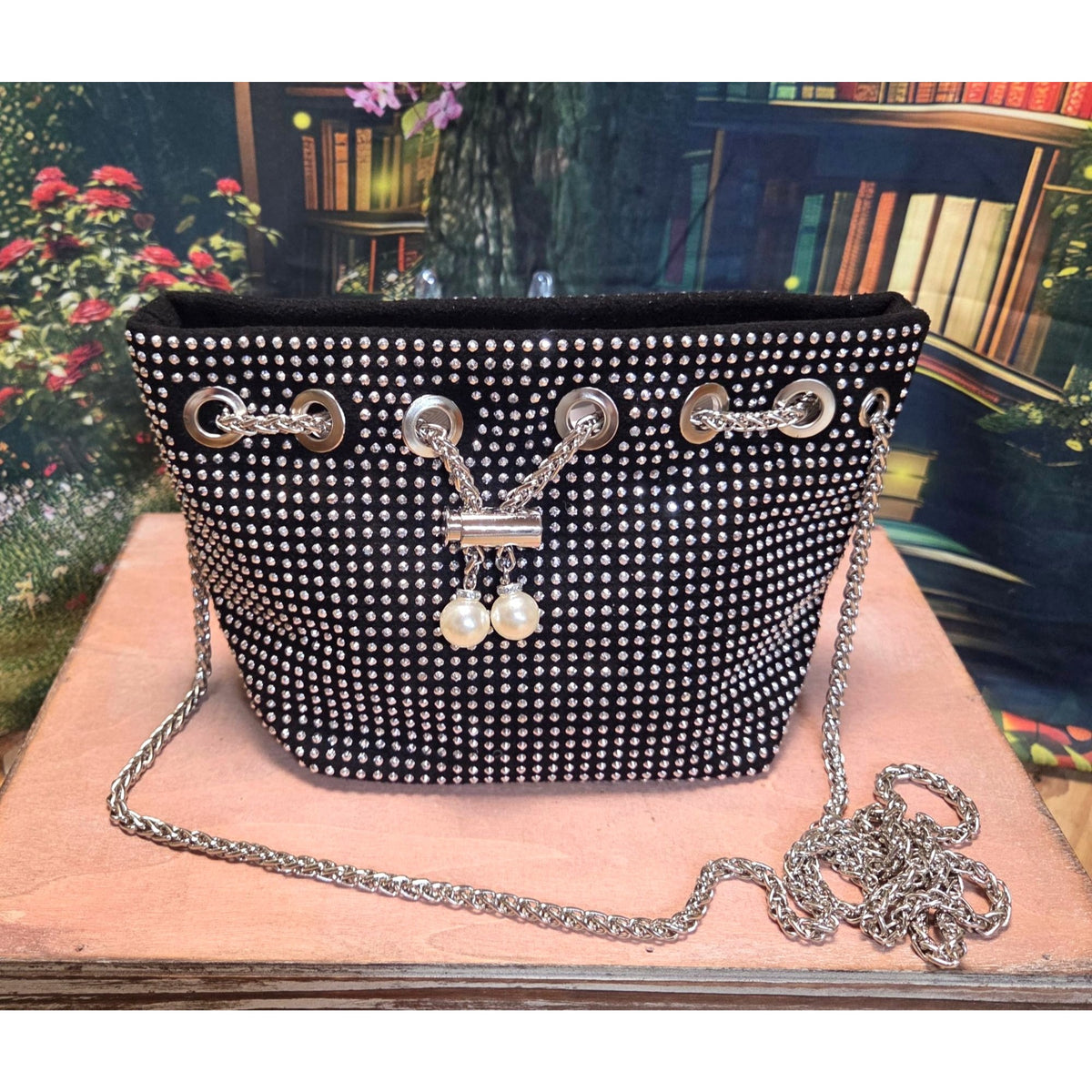Black Silver Stud Bucket Bag Pearl Charm Draw Chain & Chain Strap New