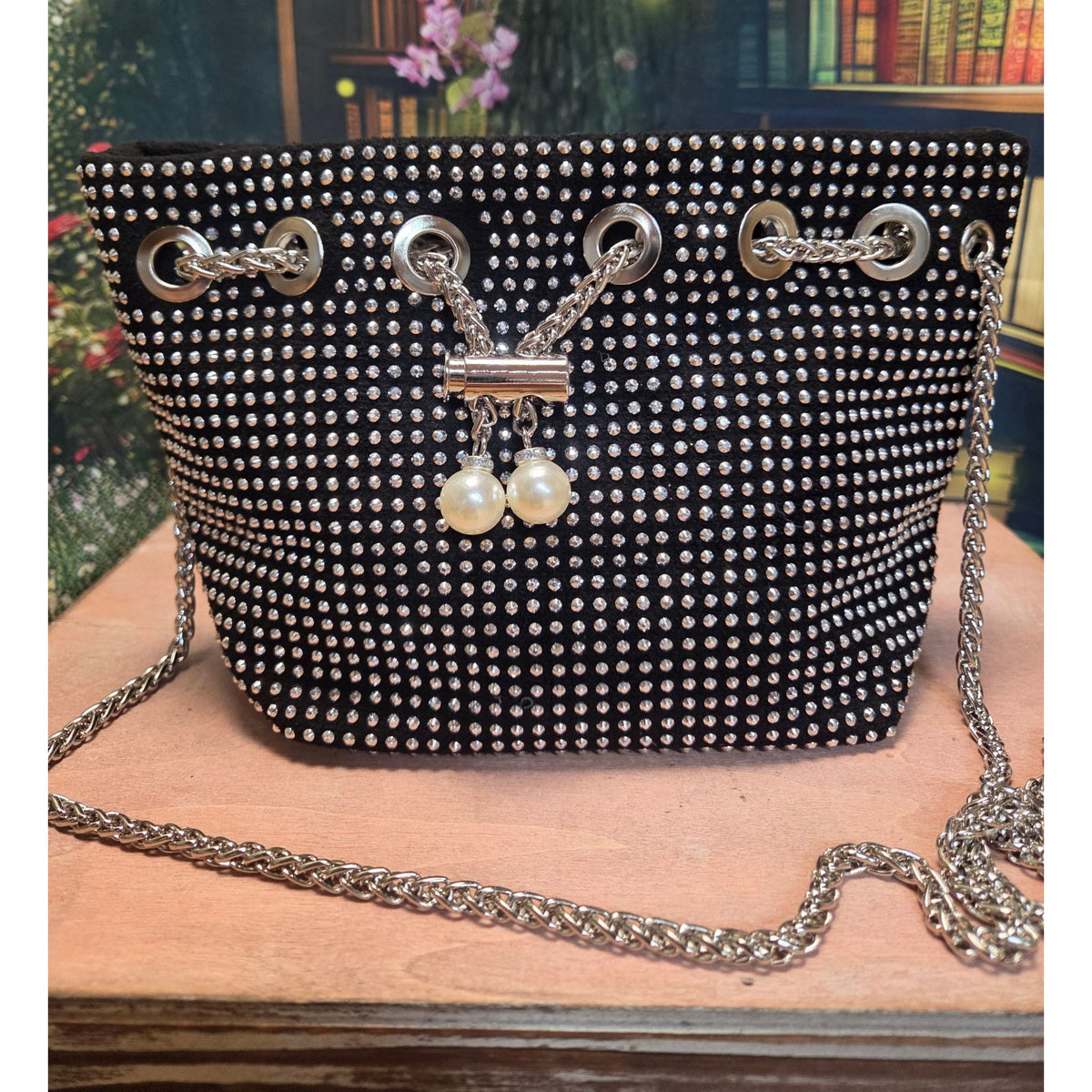 Black Silver Stud Bucket Bag Pearl Charm Draw Chain & Chain Strap New