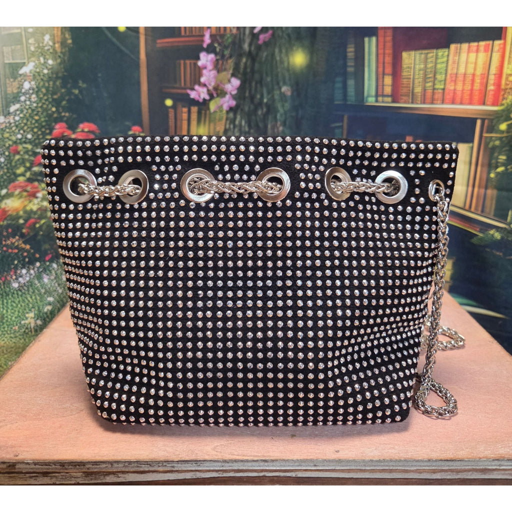 Black Silver Stud Bucket Bag Pearl Charm Draw Chain & Chain Strap New
