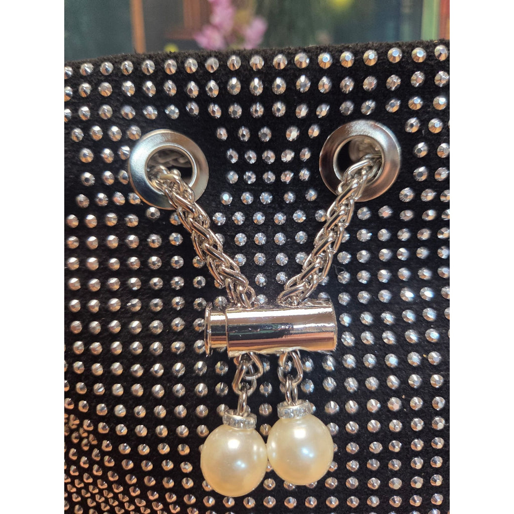 Black Silver Stud Bucket Bag Pearl Charm Draw Chain & Chain Strap New