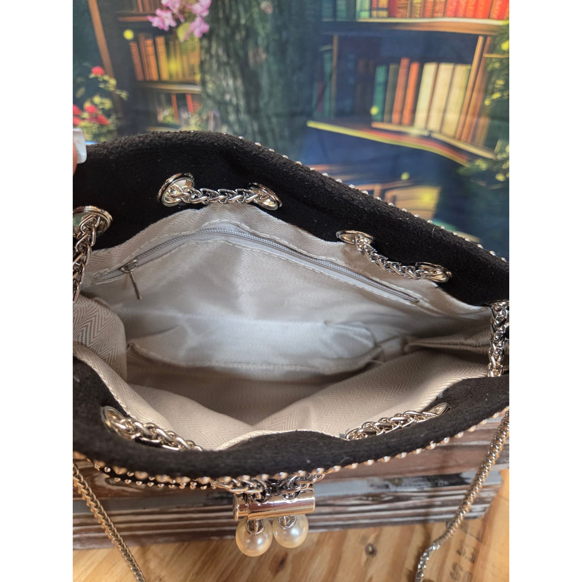 Black Silver Stud Bucket Bag Pearl Charm Draw Chain & Chain Strap New