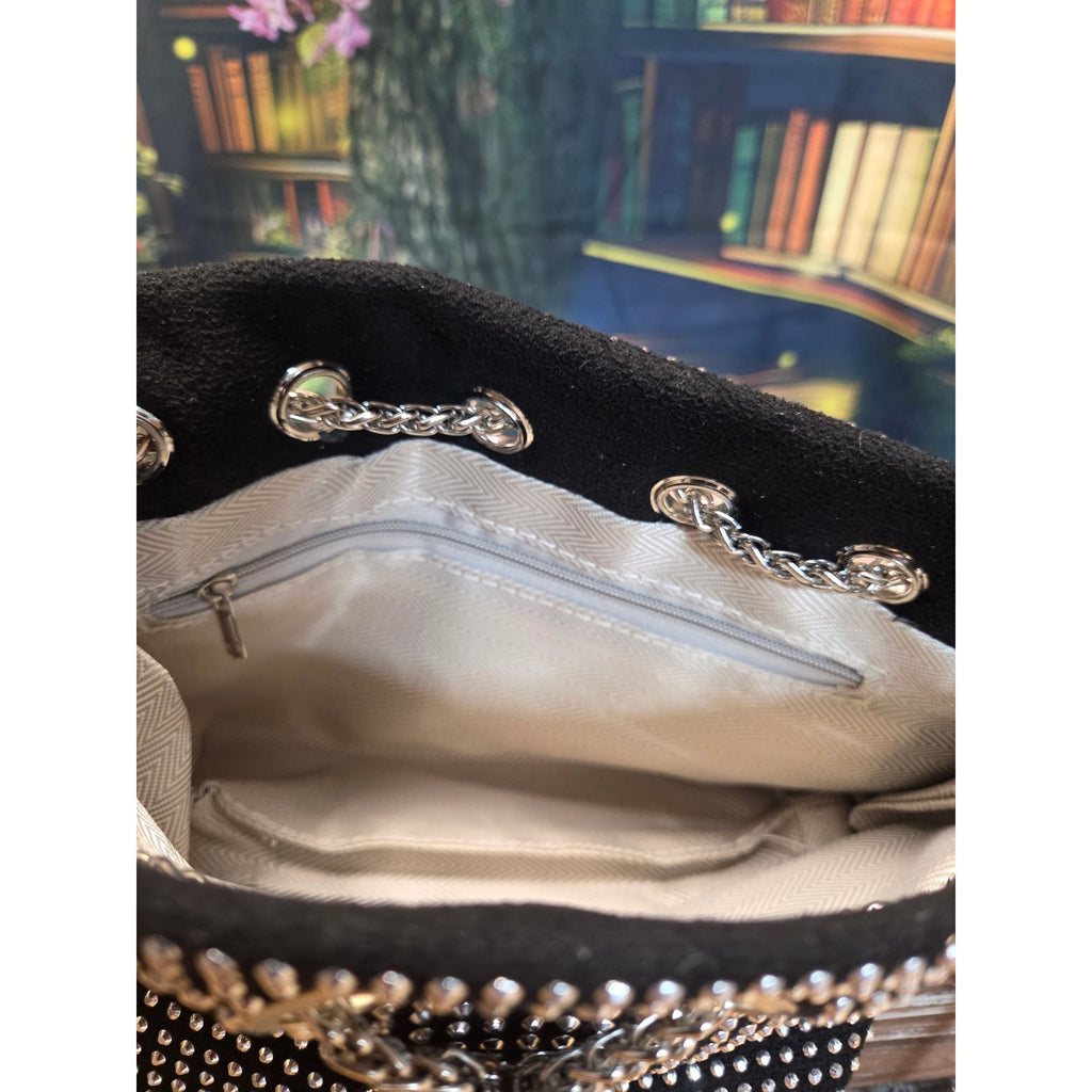 Black Silver Stud Bucket Bag Pearl Charm Draw Chain & Chain Strap New