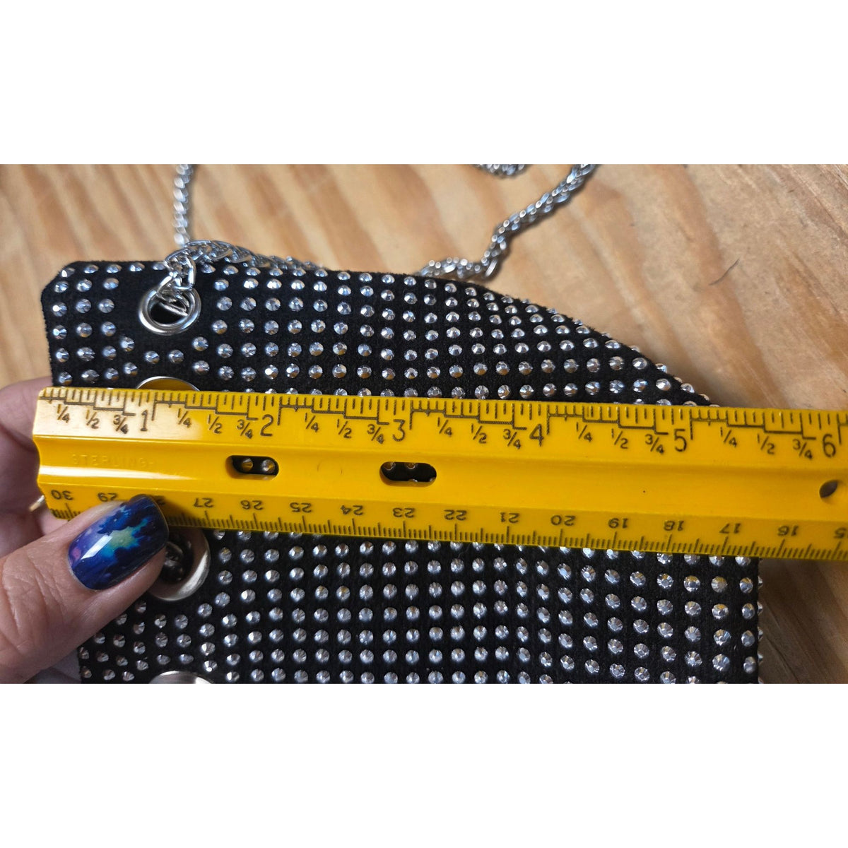 Black Silver Stud Bucket Bag Pearl Charm Draw Chain & Chain Strap New